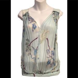 Free People Floral Ruched Sleeveless V Neckline Flowy Top Blue Medium